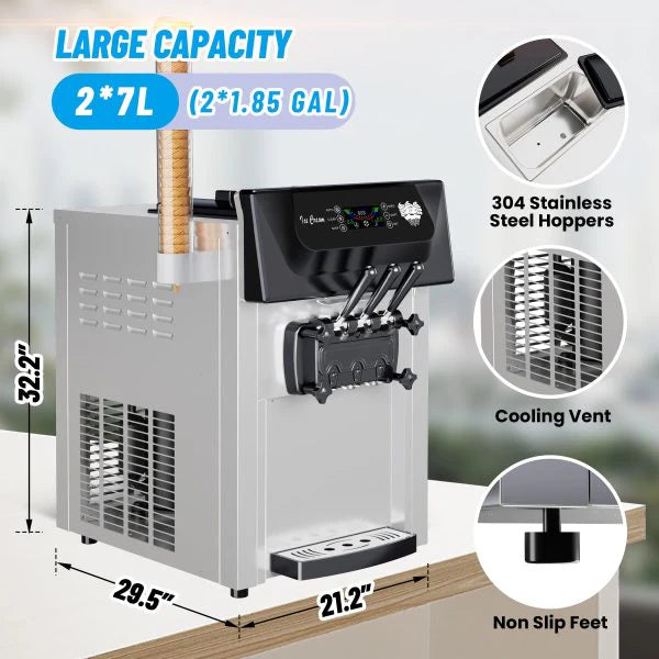 ZenVora 2200W 3-Flavor Soft Serve Ice Cream Machine, 5.3–7.4 Gal/Hr, LCD Touch Screen, Automatic Cleaning