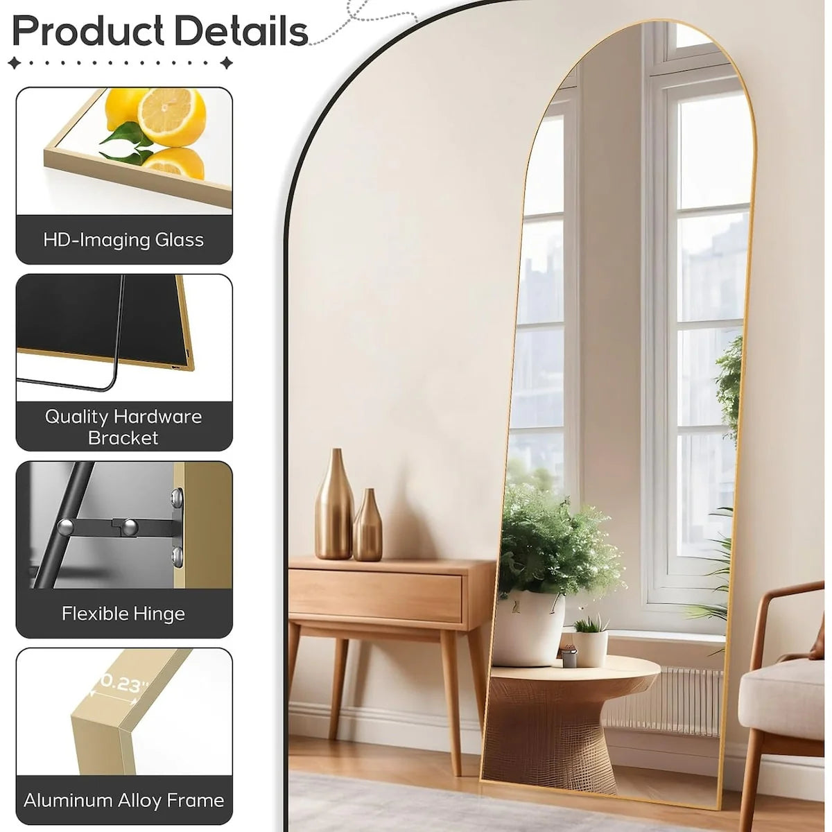 ZenVora 21x64 Arched Full-Length Mirror – Shatter-Proof Glass with Aluminum Alloy Stand