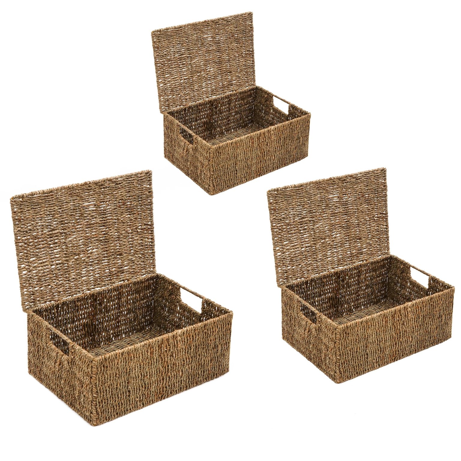 ZenVora Set of 3 Small Rectangular Seagrass Baskets with Lids, Woven Storage Baskets