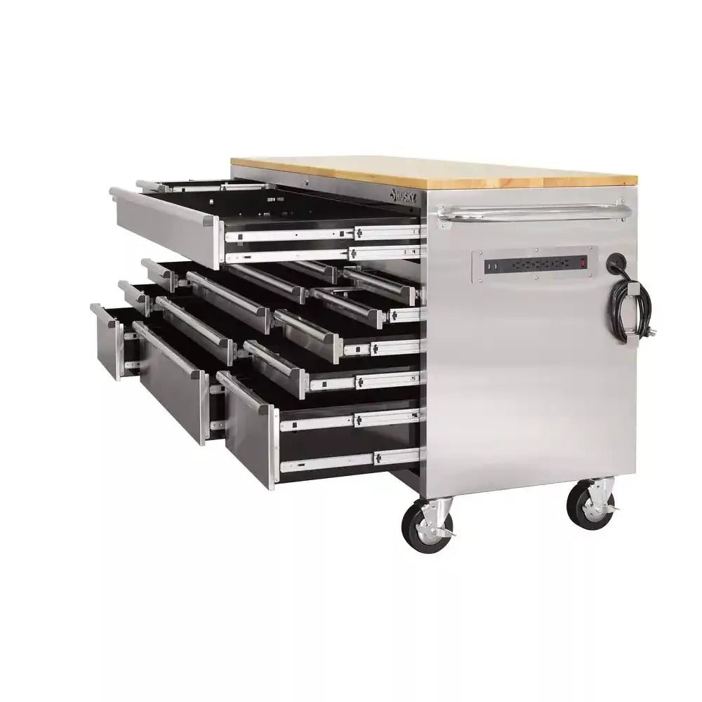 ZenVora 72-Inch 18-Drawer Mobile Workbench, 24-Inch Deep, with Solid Wood Top and Stainless Steel Finish
