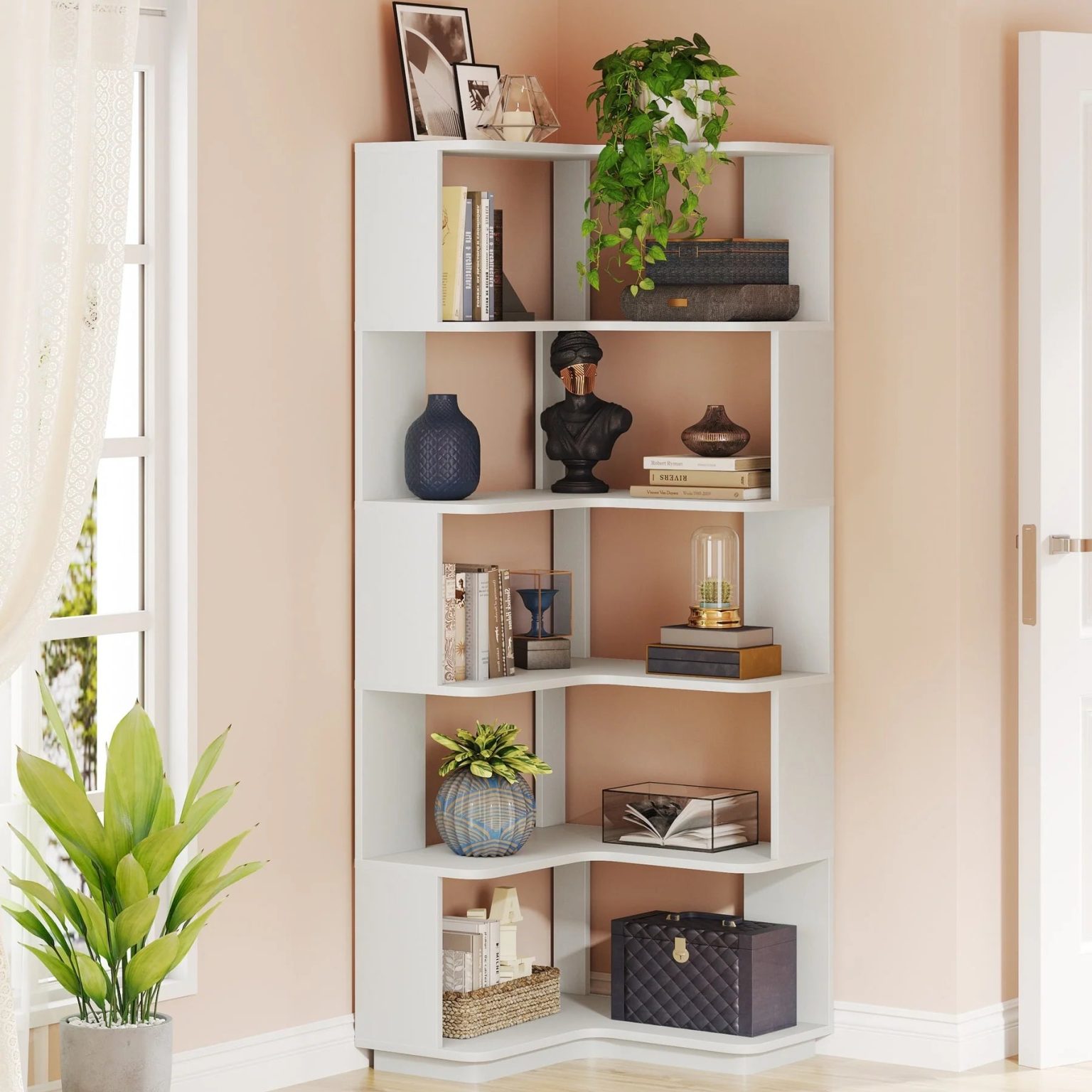ZenVora 64.9 Inch Tall 6-Tier Corner Bookshelf, Freestanding Wood Industrial Bookcase