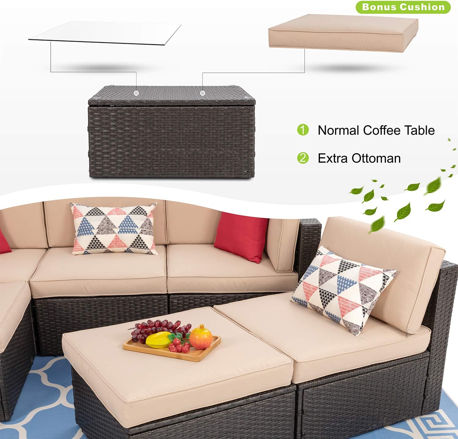 ZenVora 5-Piece All-Weather Patio Furniture Set with Ottoman, Outdoor Wicker Conversation Sofa Set with Cushions for Garden, Deck & Backyard