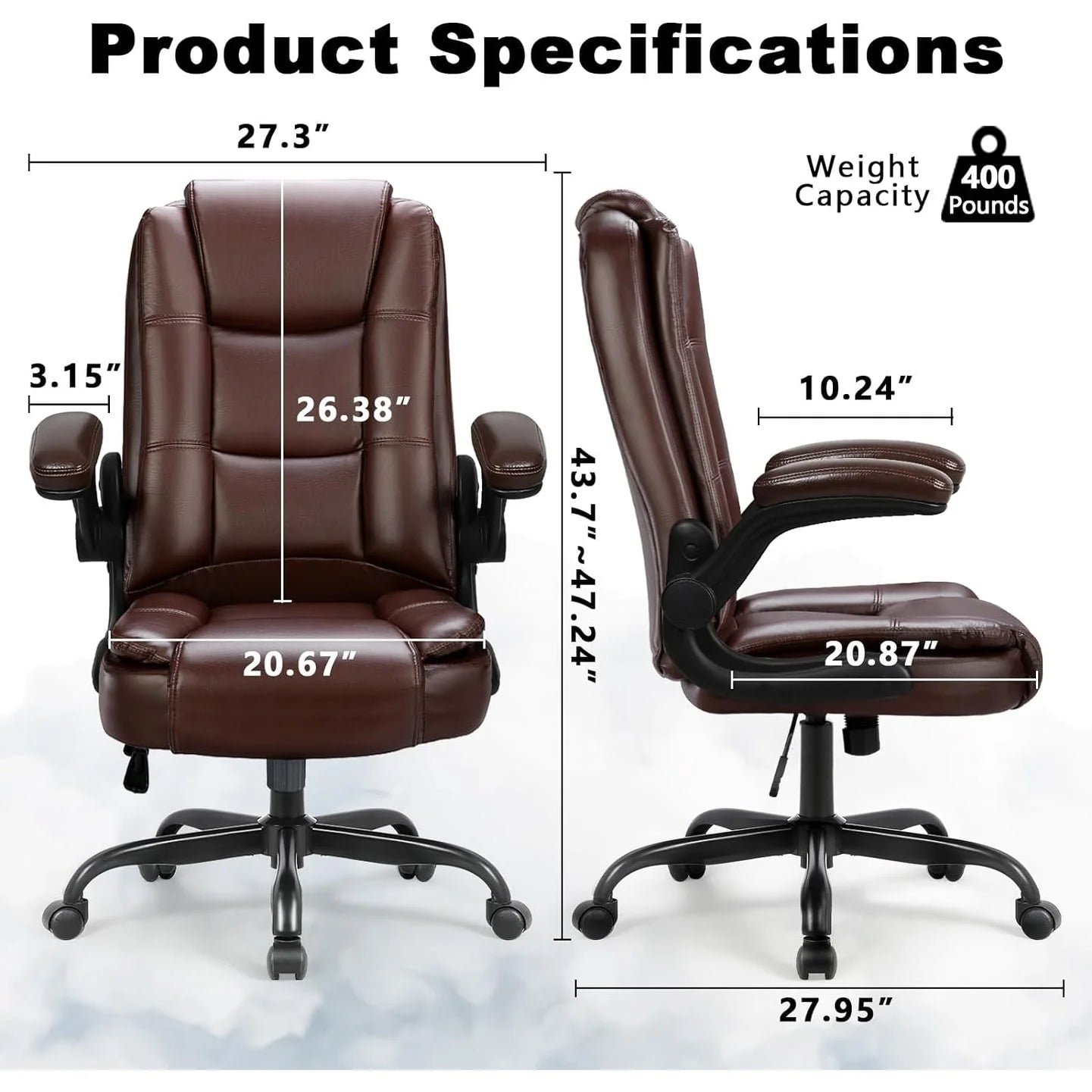 ZenVora Big and Tall Ergonomic Office Chair, High Back Leather Executive Computer Chair with Padded Flip-Up Arms