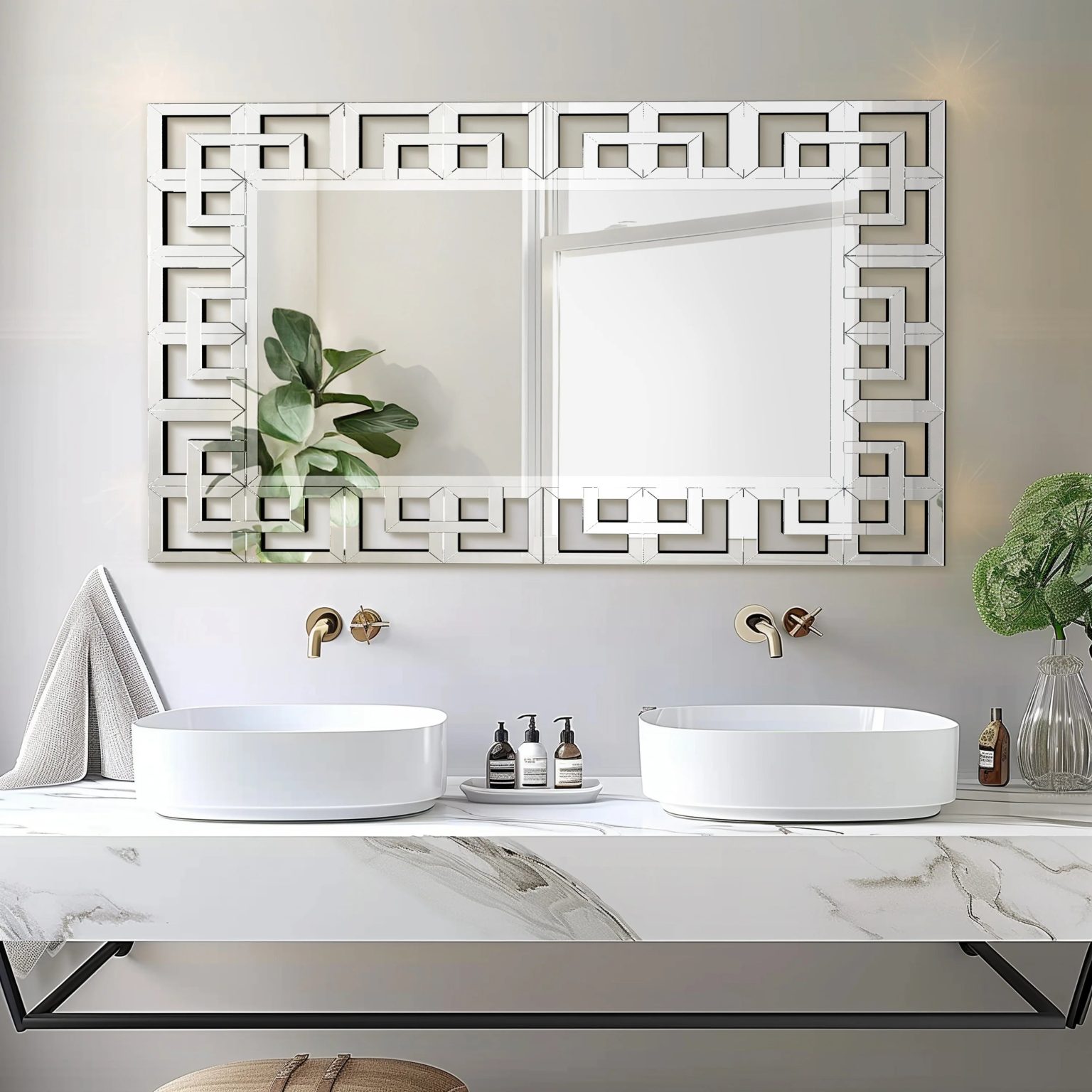 ZenVora Large Silver Geometric Wall Mirror, Modern Decorative Accent Mirror for Living Room, Bedroom and Entryway