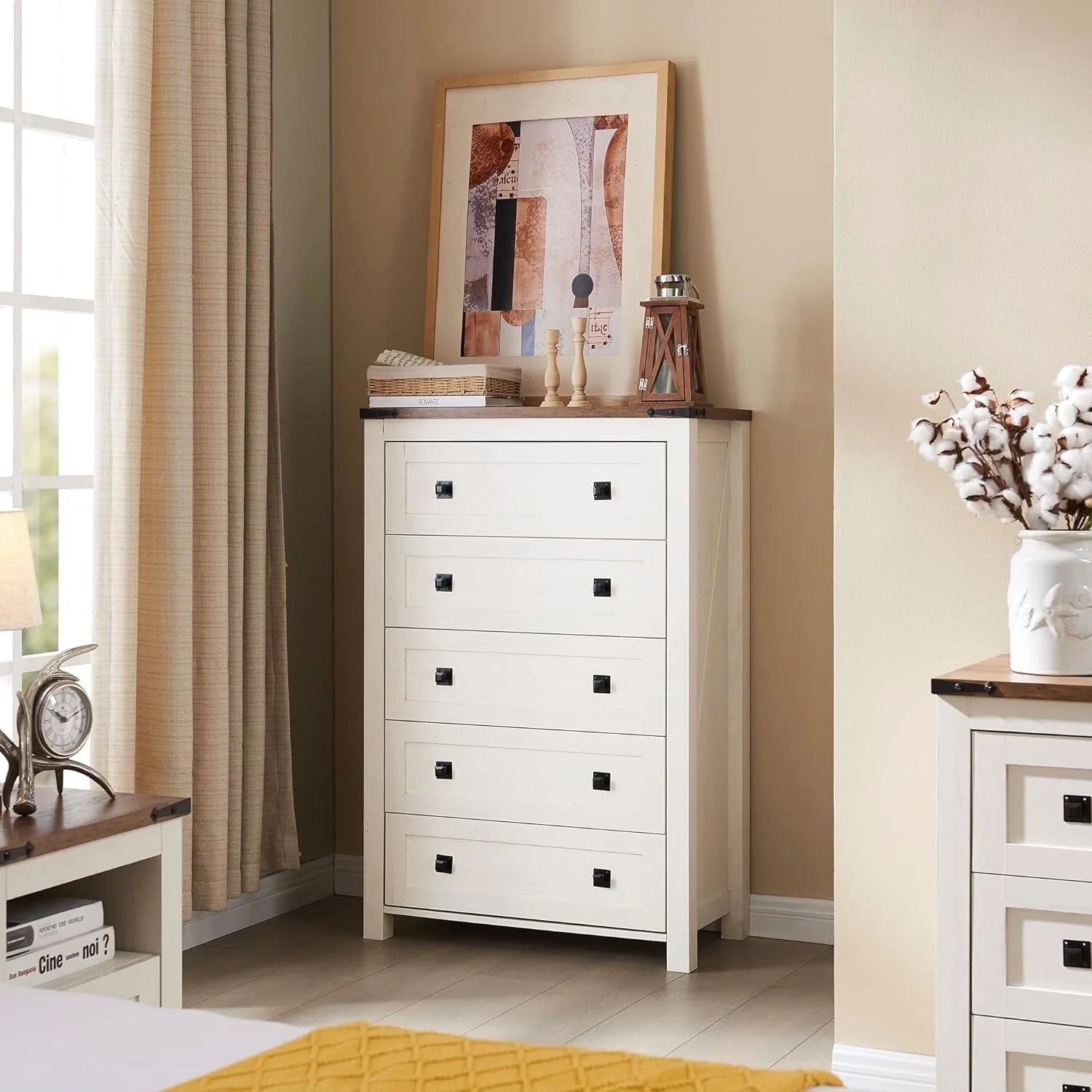ZenVora 48 Inch Tall Farmhouse Wood Dresser, 5 Drawer Chest of Drawers for Bedroom