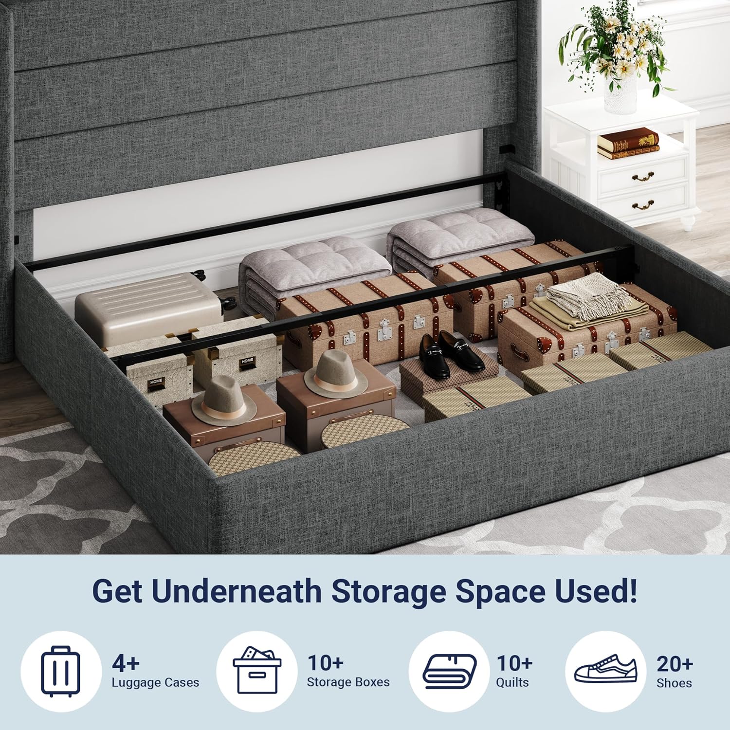ZenVora Queen Size Lift Up Storage Bed with Wingback Headboard, Upholstered Platform Bed Frame with Hidden Storage