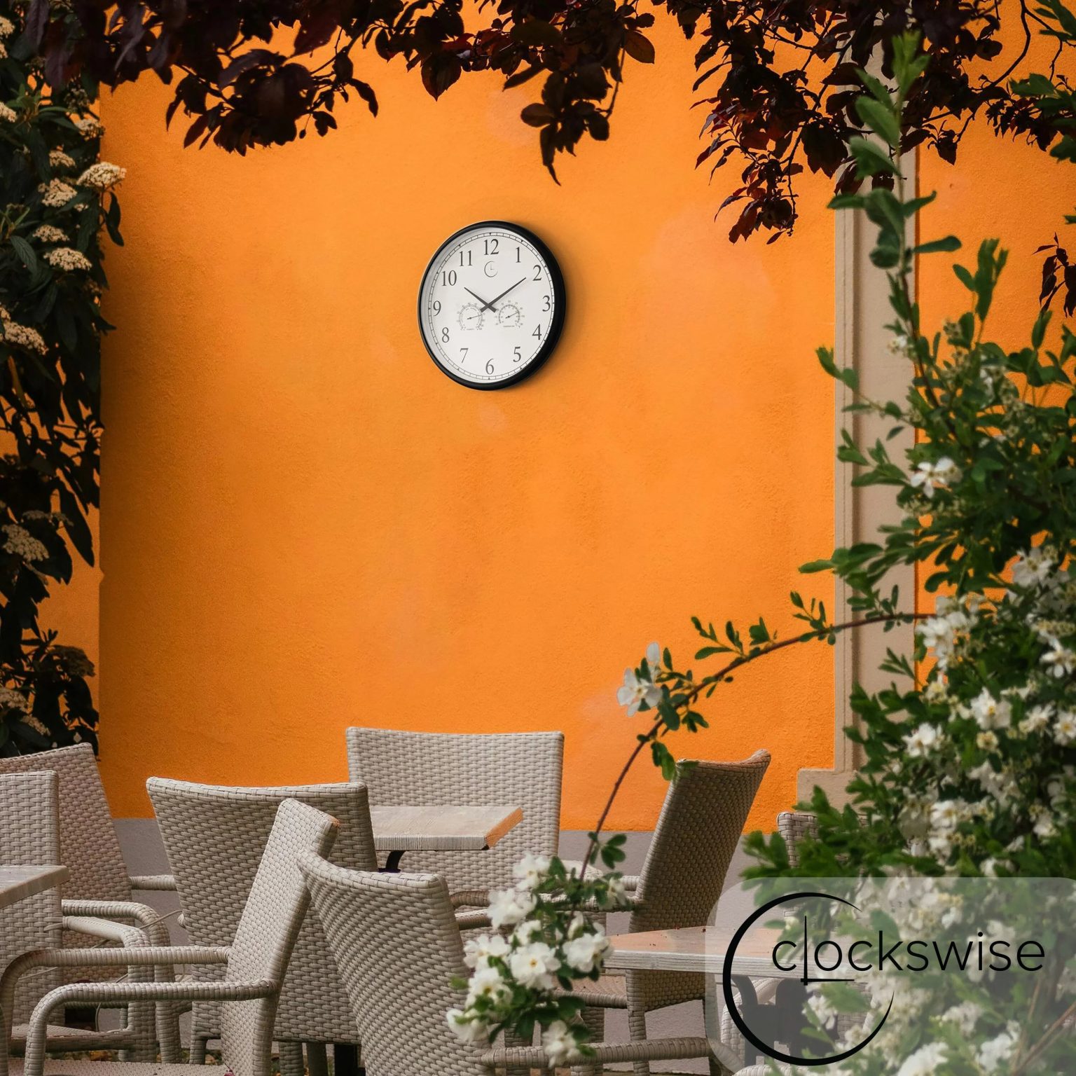 Large Outdoor Wall Clock with Thermometer, Waterproof Silent Garden Weather Station, Black