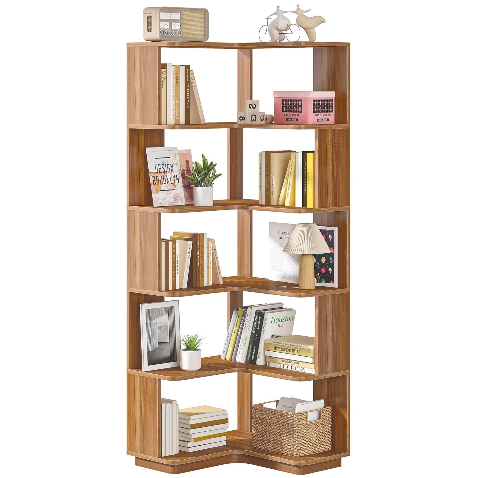 ZenVora 64.9 Inch Tall 6-Tier Corner Bookshelf, Freestanding Wood Industrial Bookcase