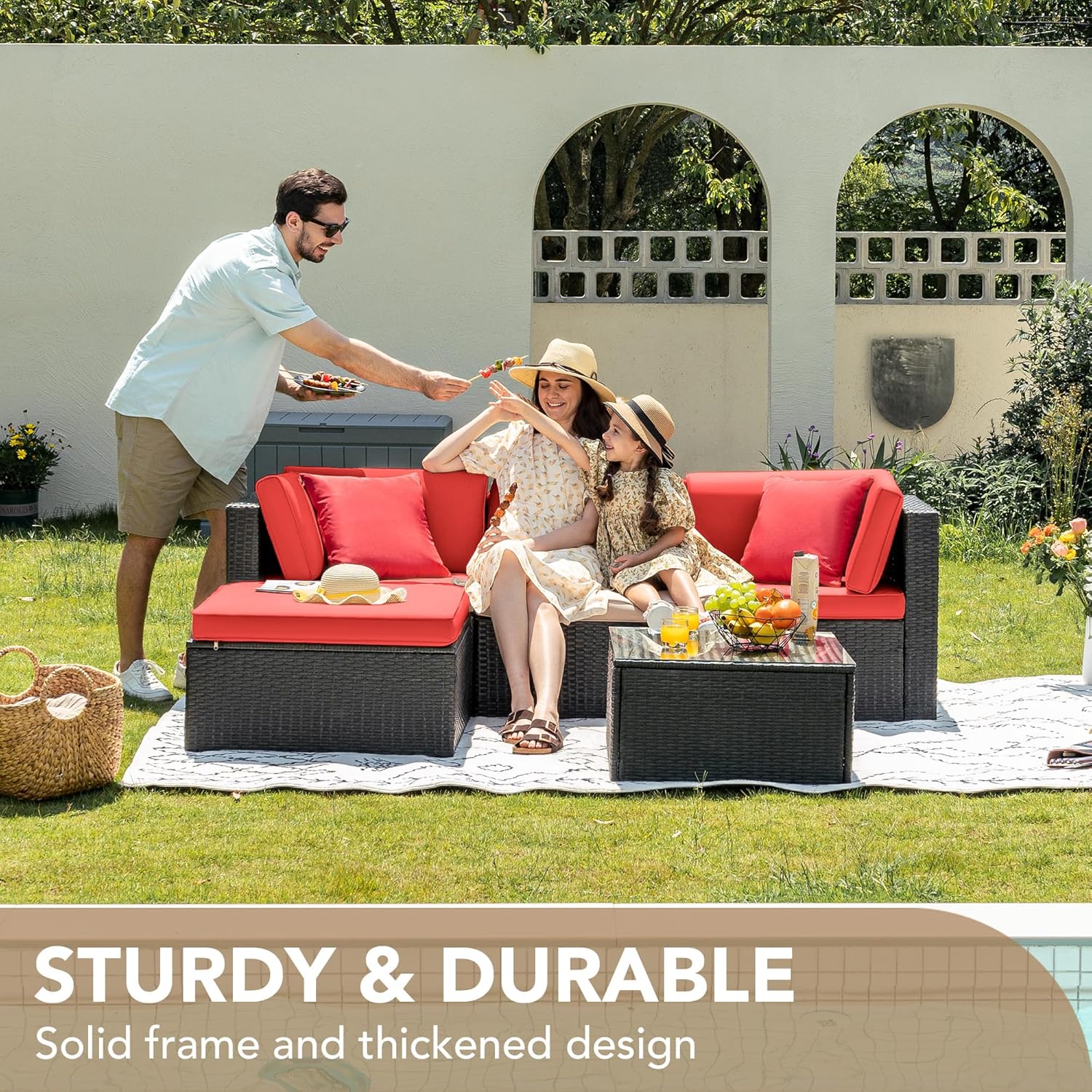 ZenVora 5-Piece All-Weather Patio Furniture Set with Cushions, Outdoor Wicker Conversation Sofa Set for Garden, Deck & Backyard