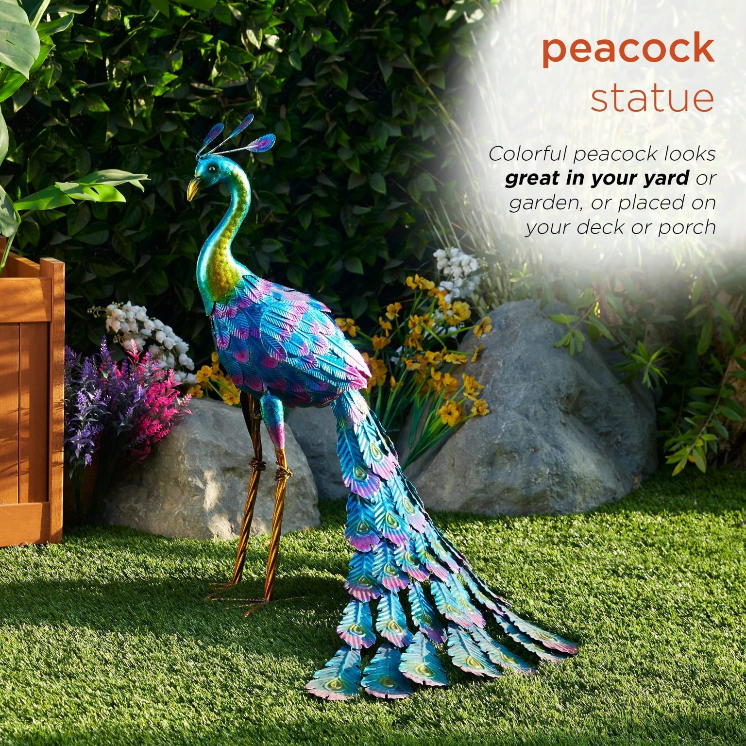 ZenVora Tall Metallic Peacock Garden Statue, Multicolor Outdoor Standing Bird Sculpture for Yard, Patio and Garden Decoration