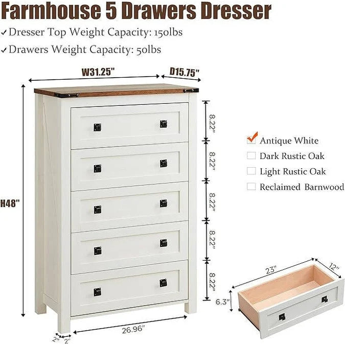 ZenVora 48 Inch Tall Farmhouse Wood Dresser, 5 Drawer Chest of Drawers for Bedroom