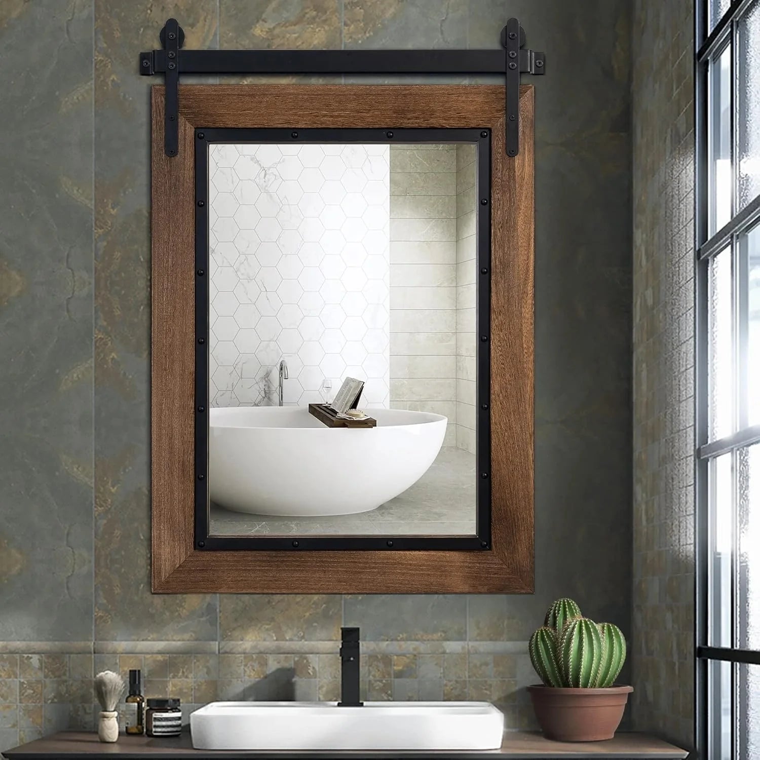 ZenVora Farmhouse Barn Door Style Bathroom Vanity Mirror, Natural Wood Wall Mirror for Bathroom, Bedroom and Entryway