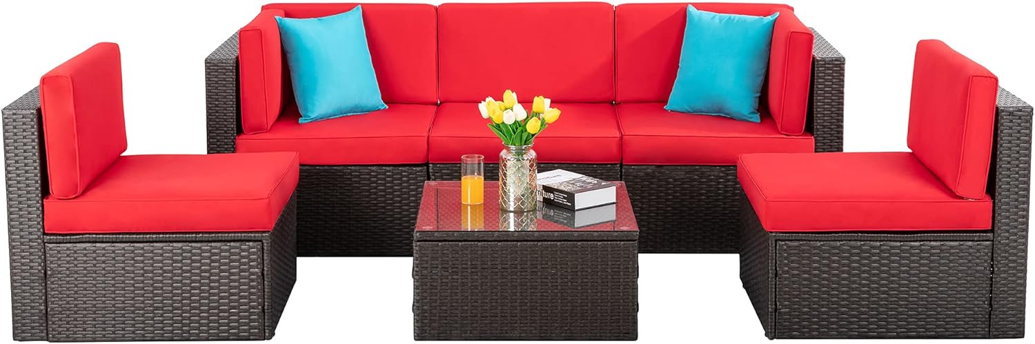 ZenVora 5-Piece All-Weather Patio Furniture Set with Ottoman, Outdoor Wicker Conversation Sofa Set with Cushions for Garden, Deck & Backyard