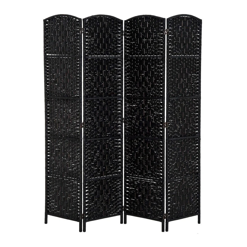 ZenVora 6 Ft Tall Four-Panel Wicker Weave Room Divider, Black Wood Privacy Screen