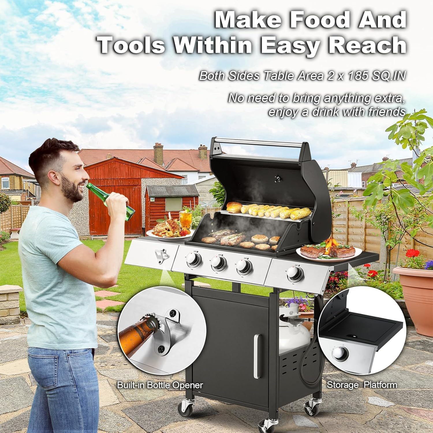 ZenVora 4-Burner Propane Gas Grill with Cast Iron Grates, Side Stove and 44,000 BTU Stainless Steel Burners