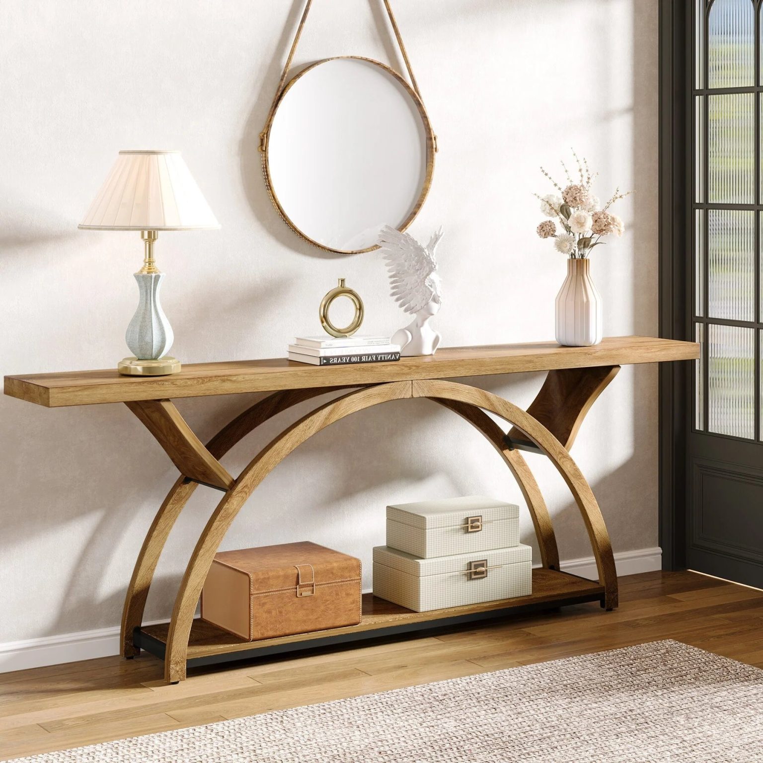 ZenVora Gray 2-Tier Slim Console Sofa Table, Semi-Circular Metal Frame for Hallway