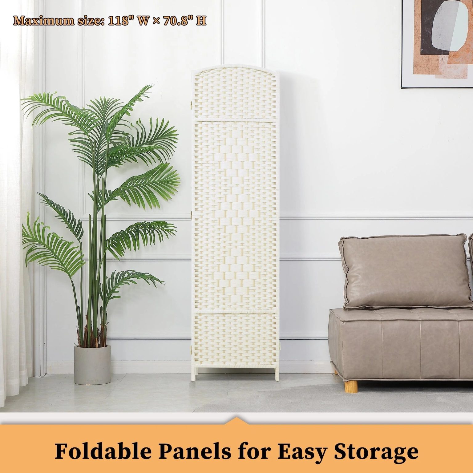ZenVora 6 FT Tall Woven Fiber Room Divider, Freestanding Folding Privacy Screen