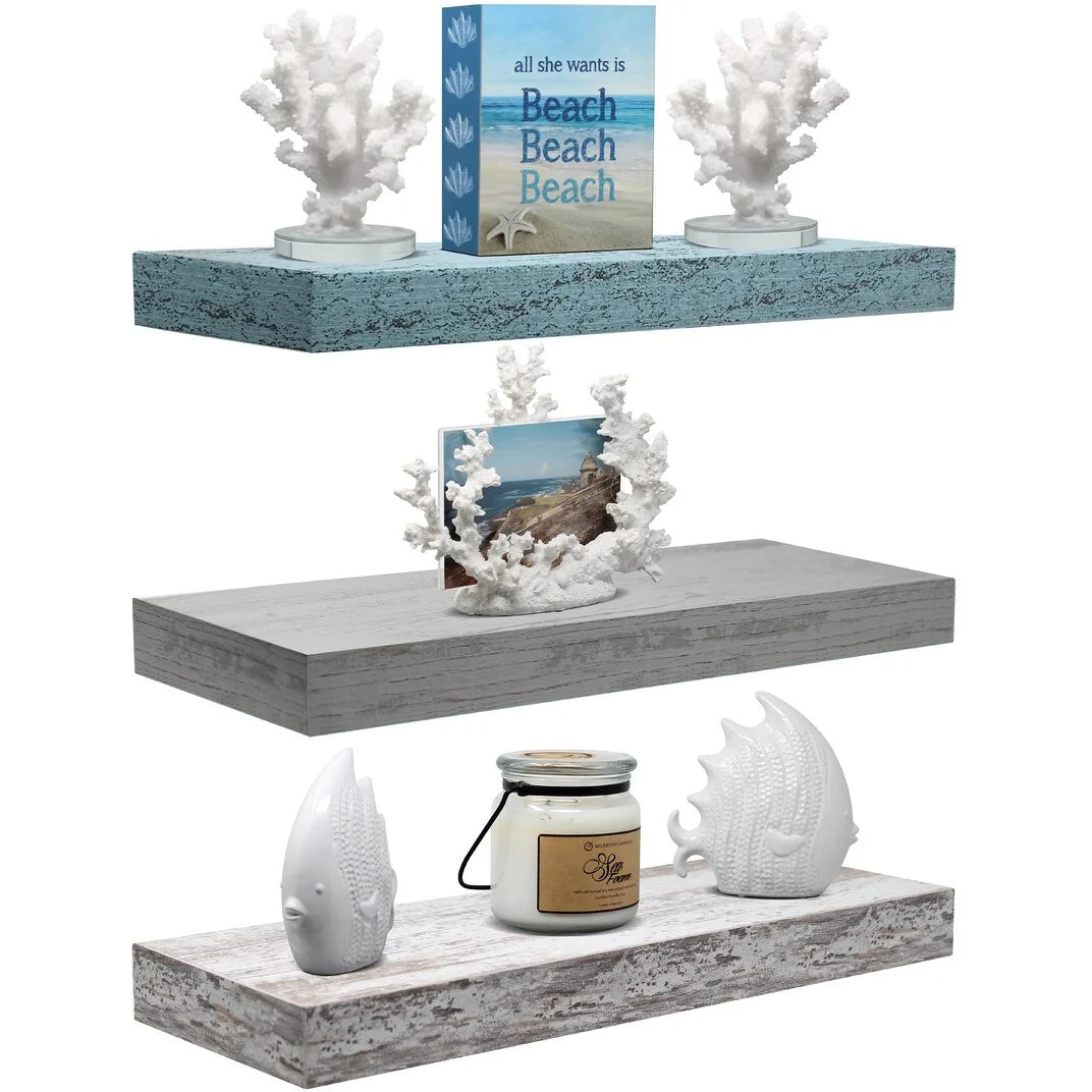 ZenVora 3-Pack Rustic Wood Floating Wall Shelves, Beach Style Hanging Display and Storage Shelves