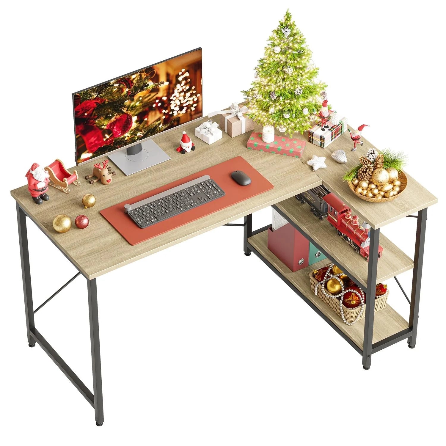 ZenVora Small L Shaped Computer Desk with Storage Shelves, Compact Corner Workstation for Home Office and Study