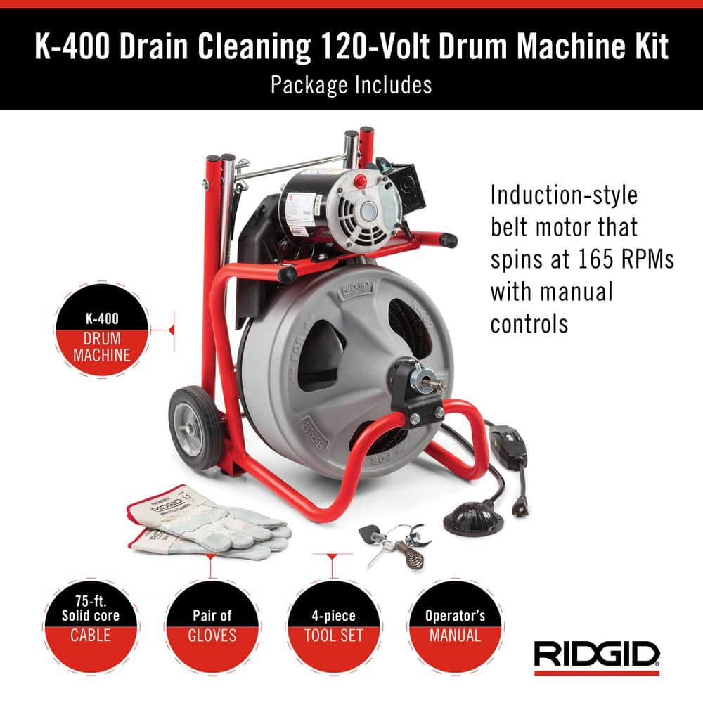 ZenVora 120V Drum Drain Cleaning Snake Auger with 3/8-In. x 75-Ft. Cable, 4-Piece Tool Set and Gloves