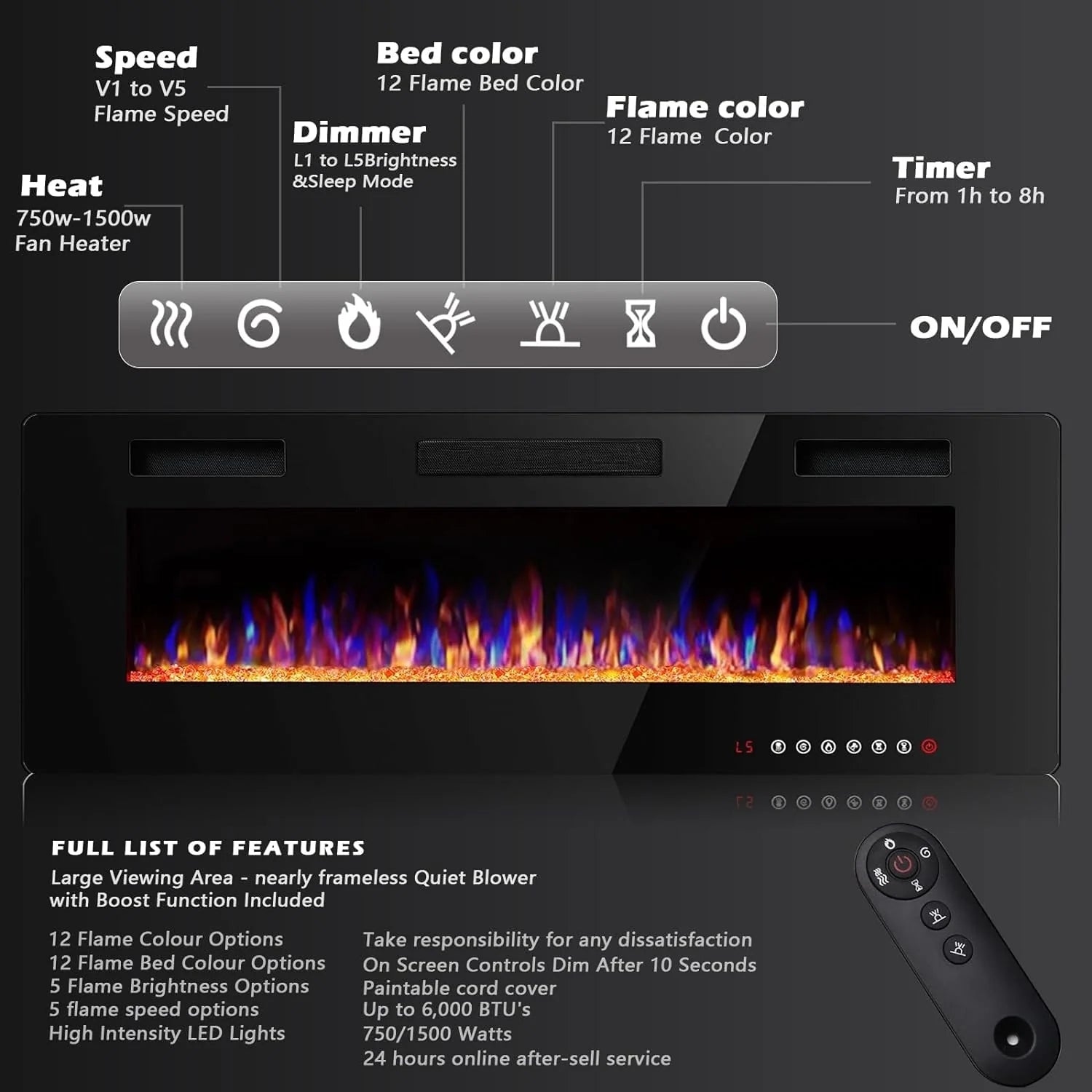 ZenVora 30-72 Inch Ultra-Thin Electric Fireplace, Linear Recessed Wall Mounted Fireplace with Remote Control