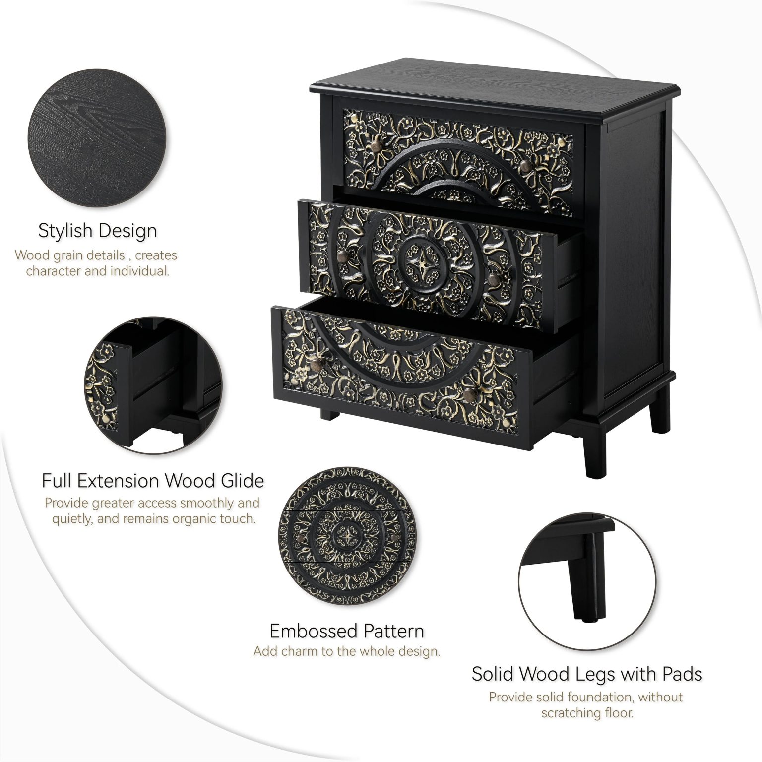 Farmhouse Fully Assembled Nightstand with 2 Drawers, Flower Motif End Table for Small Spaces