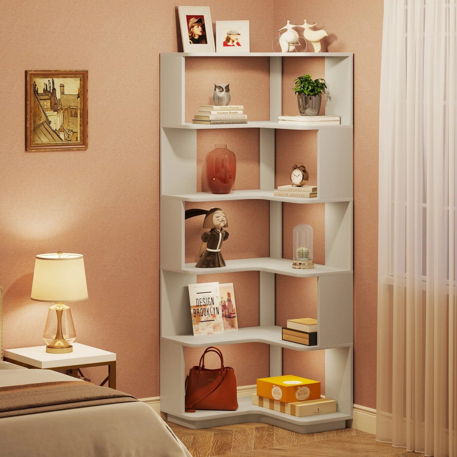 ZenVora 64.9 Inch Tall 6-Tier Corner Bookshelf, Freestanding Wood Industrial Bookcase