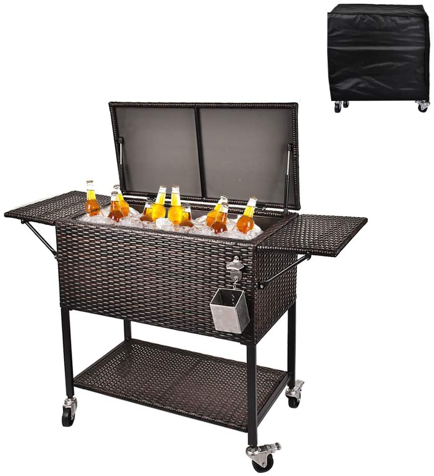 ZenVora 80 Quart Rolling Cooler Cart - Wicker Outdoor Ice Chest with Insulated Storage, Wheels and Bottle Opener