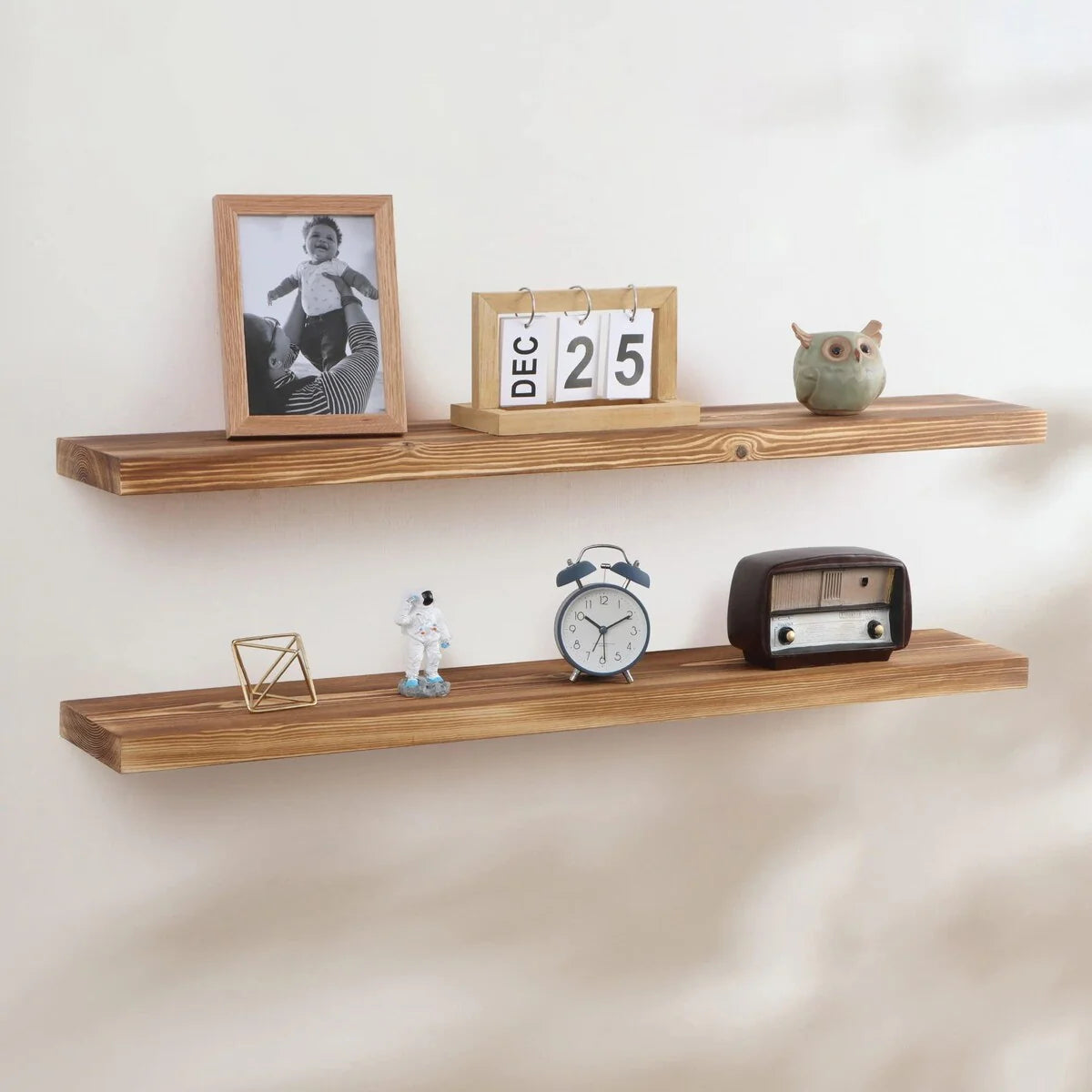 ZenVora Set of 2 Handcrafted European Pine Floating Wall Shelves, Natural Rustic Wood