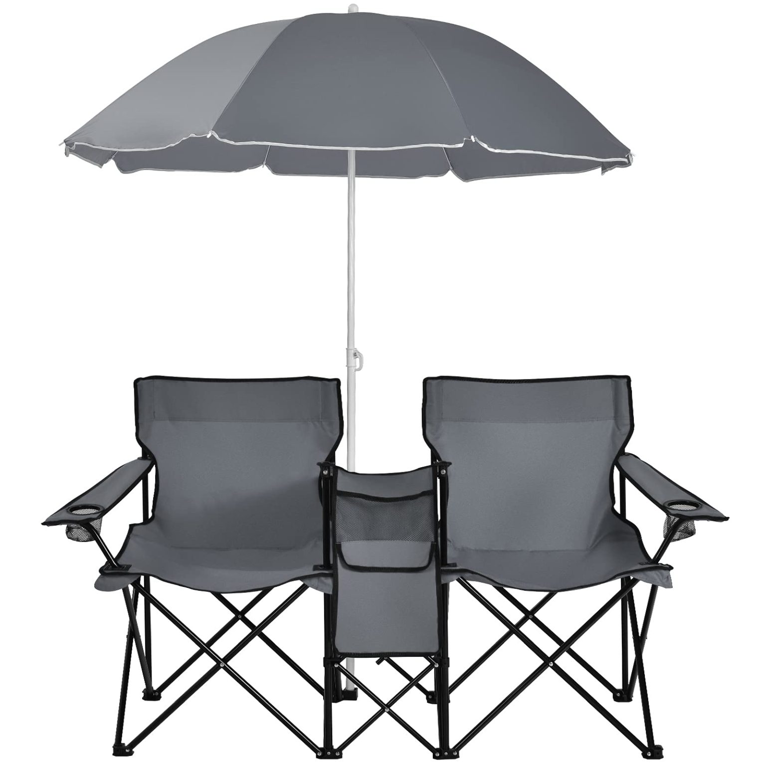 ZenVora Double Folding Picnic Chairs with Umbrella – Mini Table & Beverage Holder Included