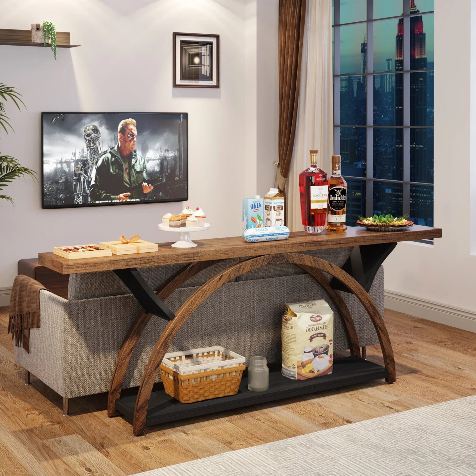 ZenVora Gray 2-Tier Slim Console Sofa Table, Semi-Circular Metal Frame for Hallway