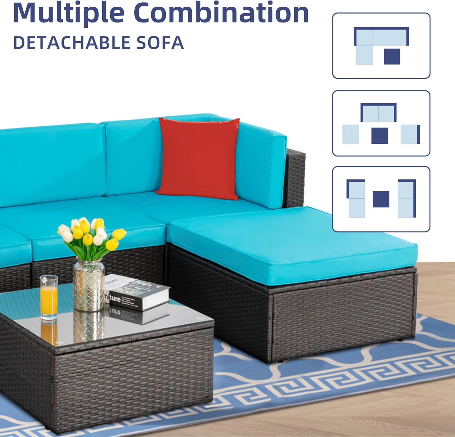 ZenVora 5-Piece All-Weather Patio Furniture Set with Ottoman, Outdoor Wicker Conversation Sofa Set with Cushions for Garden, Deck & Backyard