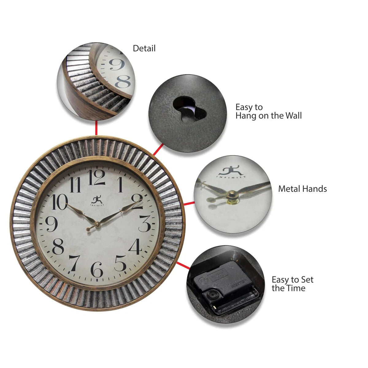 ZenVora 16 Inch Rustic Industrial Wall Clock, Decorative Round Clock for Home