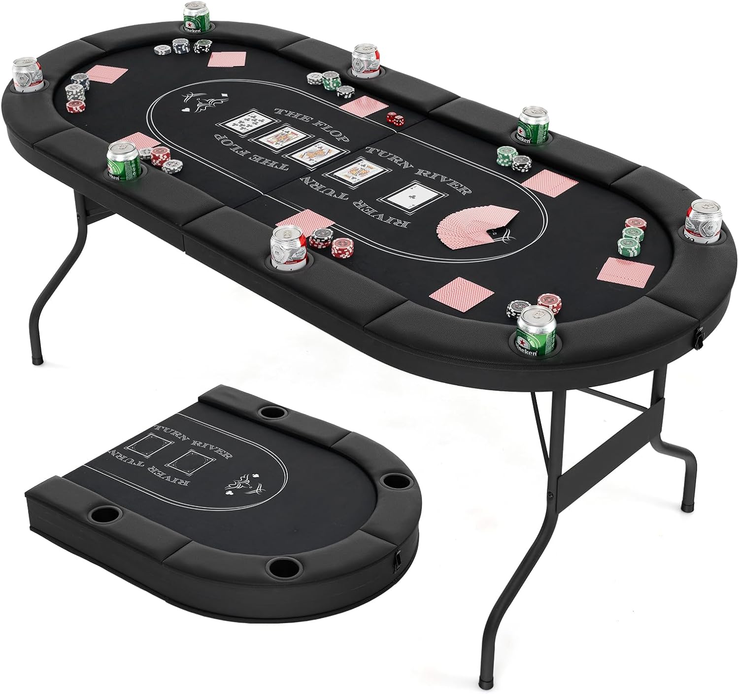 ZenVora Foldable Poker Table for 8 Players, Card Game Table with Deep Metal Cup Holders