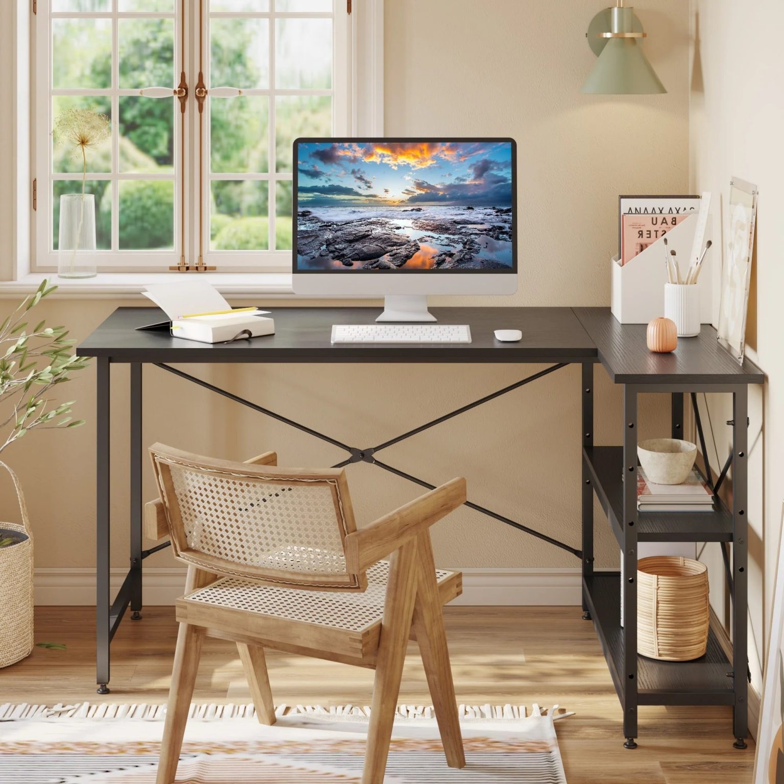 ZenVora Small L Shaped Computer Desk with Storage Shelves, Compact Corner Workstation for Home Office and Study