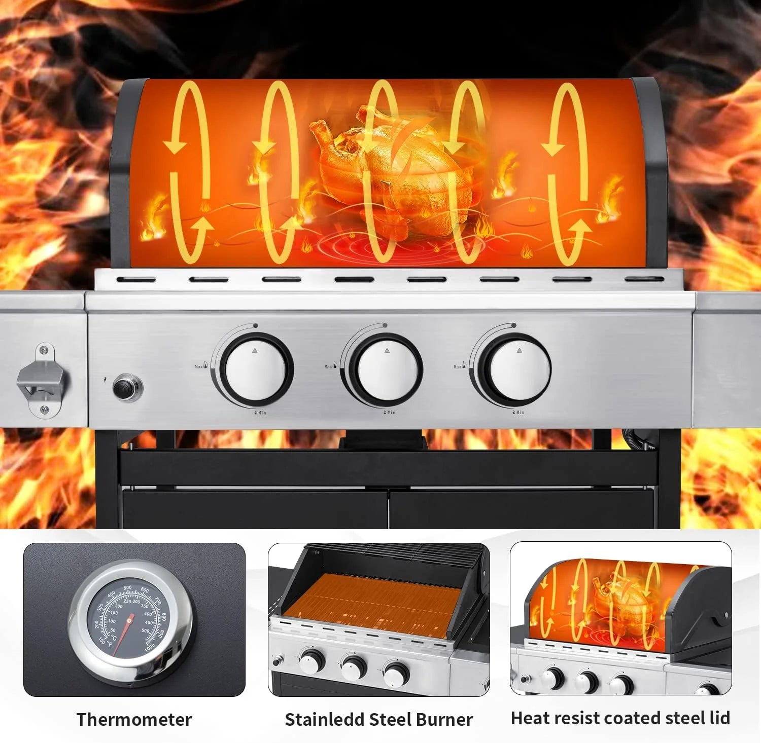 ZenVora 4-Burner Propane Gas Grill with Cast Iron Grates, Side Stove and 44,000 BTU Stainless Steel Burners