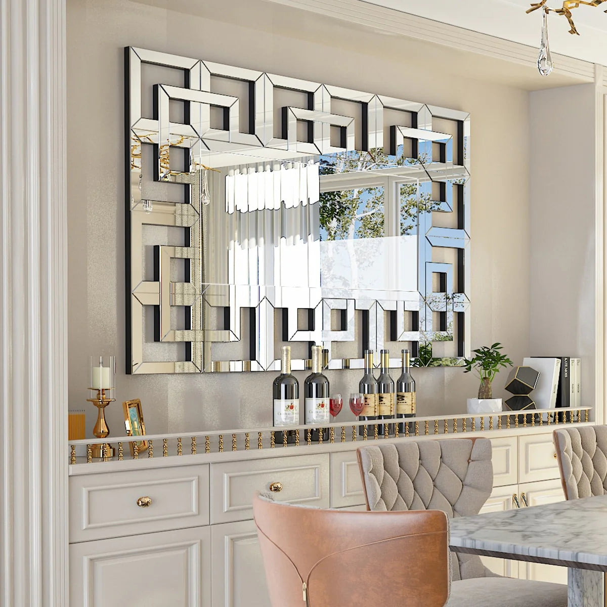 ZenVora Large Silver Geometric Wall Mirror, Modern Decorative Accent Mirror for Living Room, Bedroom and Entryway