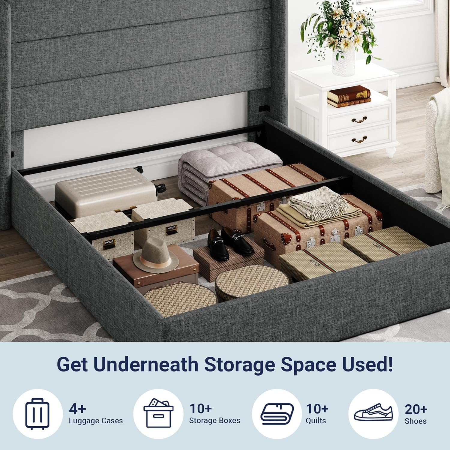 ZenVora Queen Size Lift Up Storage Bed with Wingback Headboard, Upholstered Platform Bed Frame with Hidden Storage
