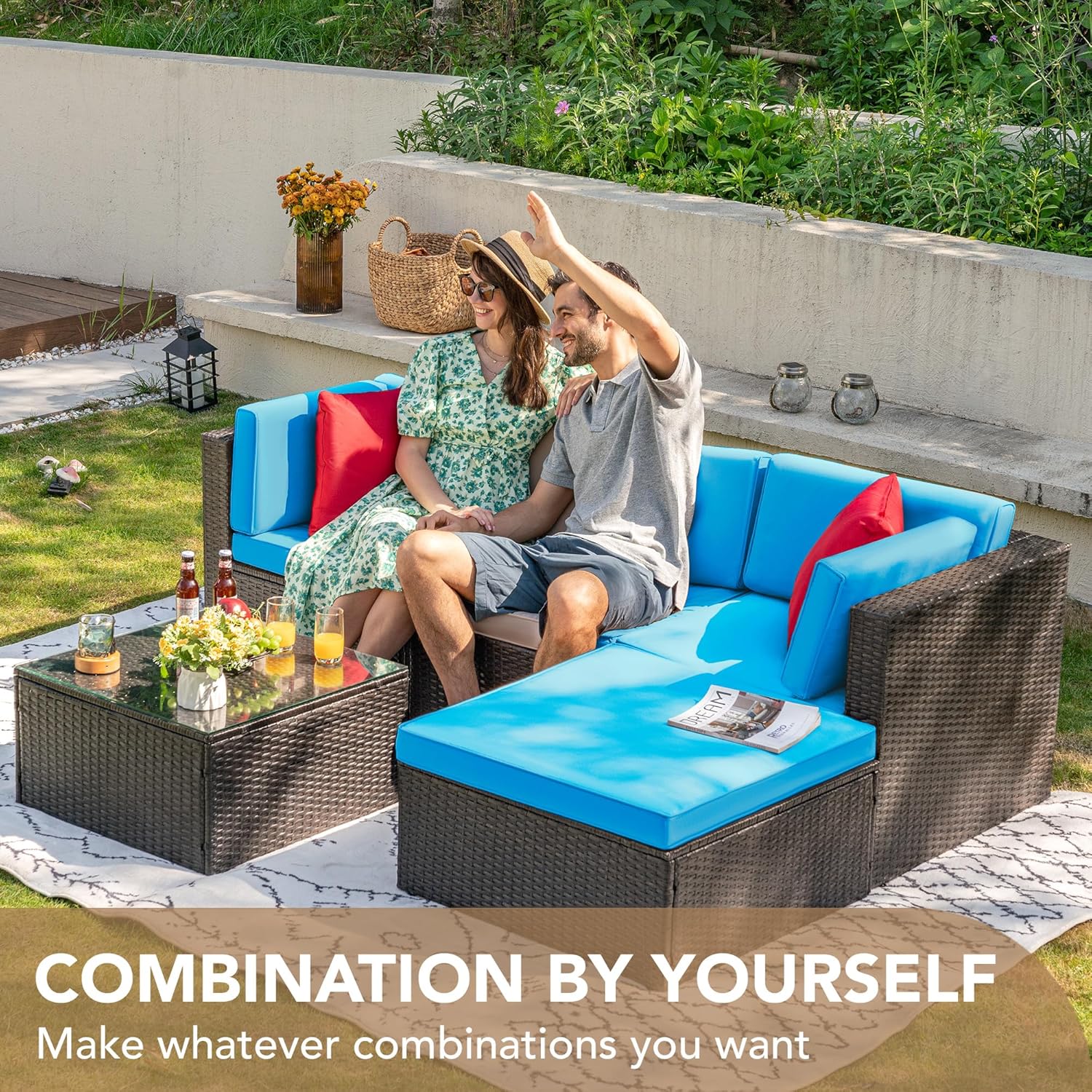 ZenVora 5-Piece All-Weather Patio Furniture Set with Cushions, Outdoor Wicker Conversation Sofa Set for Garden, Deck & Backyard