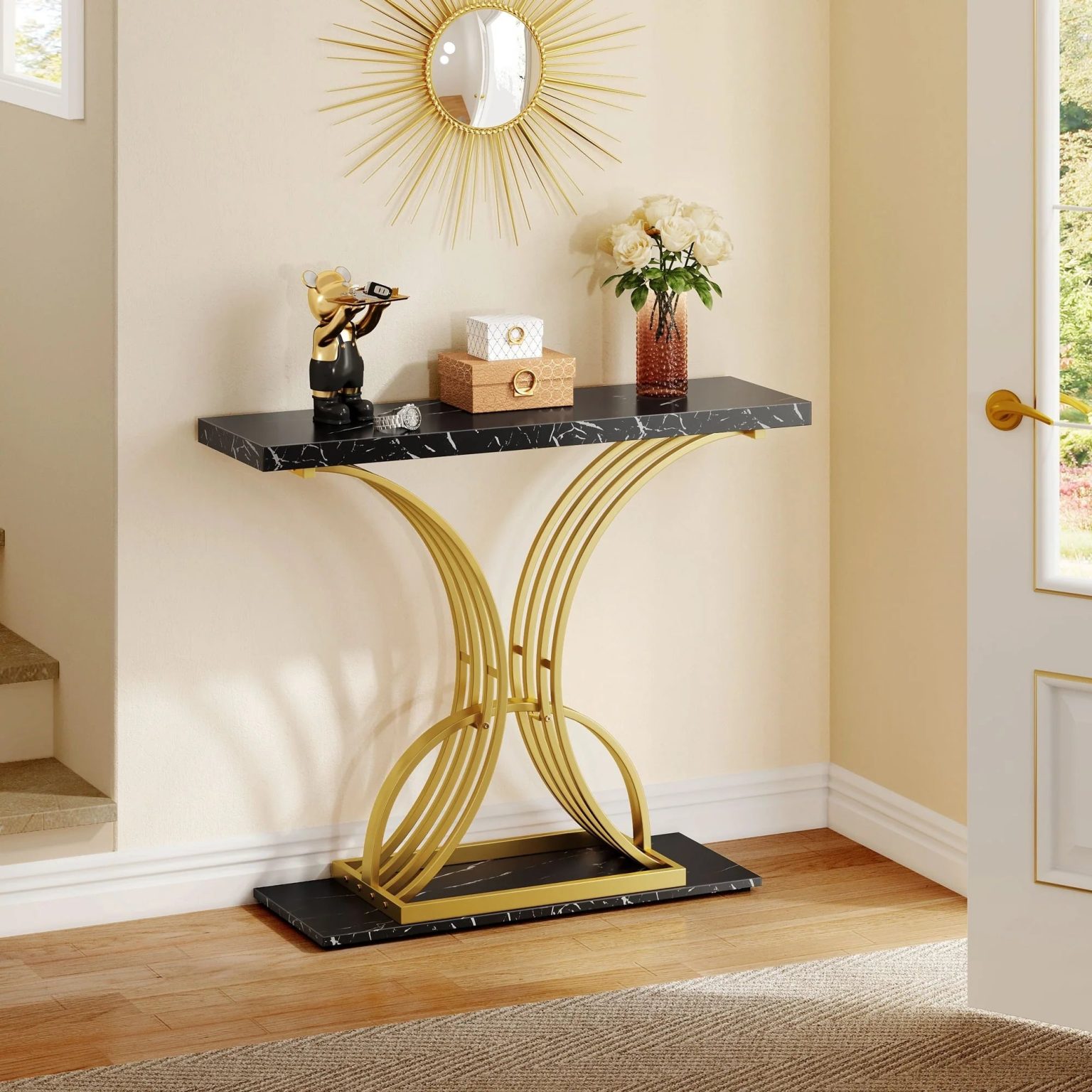 ZenVora Modern Gold Console Table with Marbled Top, Sofa Table for Entryway and Hallway