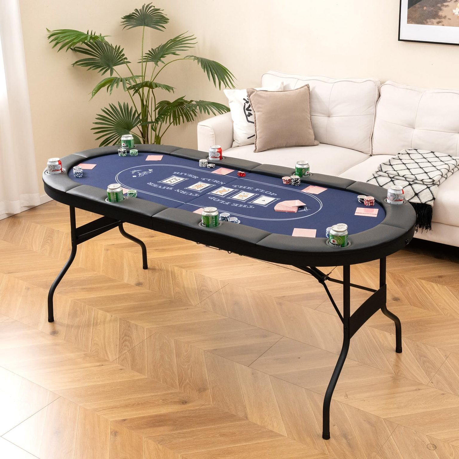 ZenVora Foldable Poker Table for 8 Players, Card Game Table with Deep Metal Cup Holders