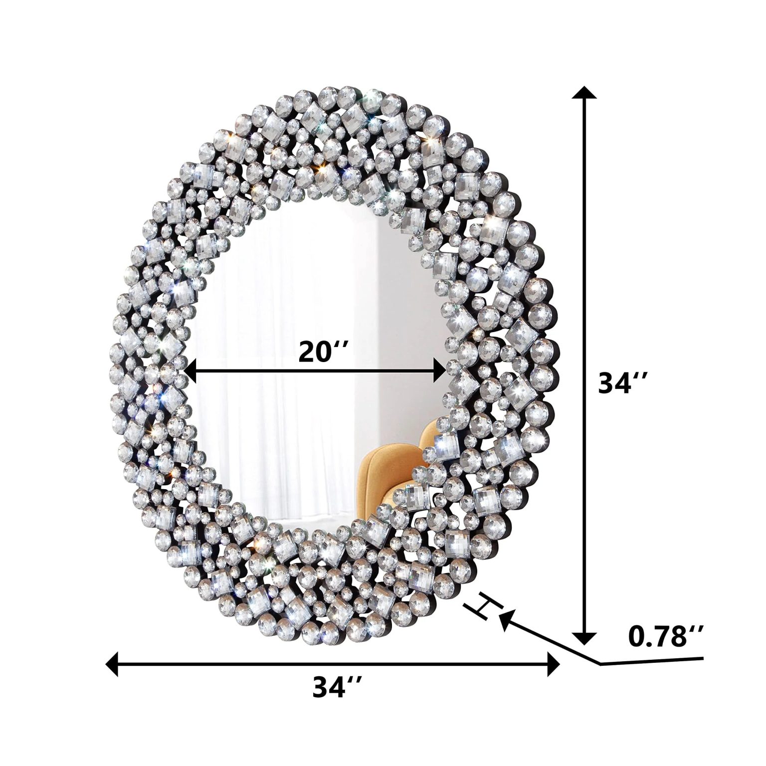 Modern Round Wall Mirror, Crystal Accent Decorative Mirror for Living Room, Bedroom and Entryway