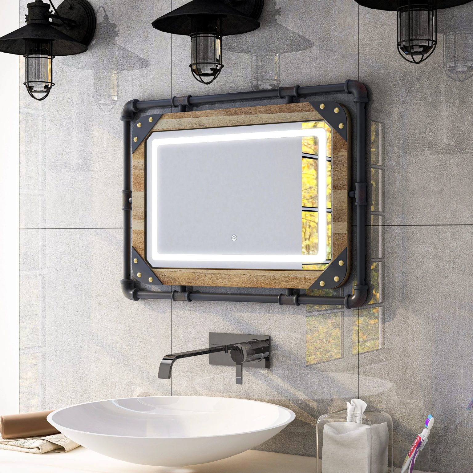 ZenVora Industrial Metal Wall Mirror with LED Lights, Modern Decorative Mirror for Home