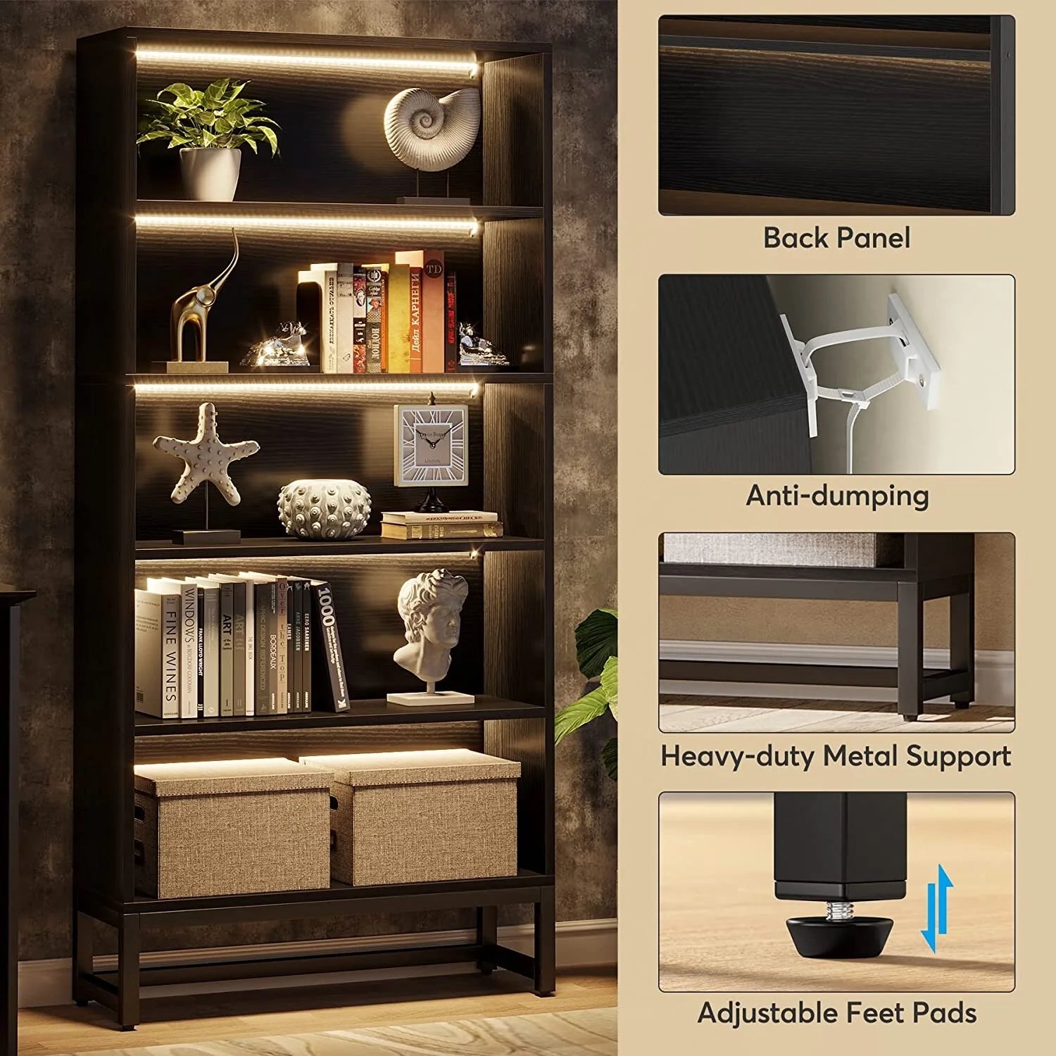 70.87 Inch Tall 5-Tier Bookcase, Large Bookshelf with 31.5 Inch Wide Storage