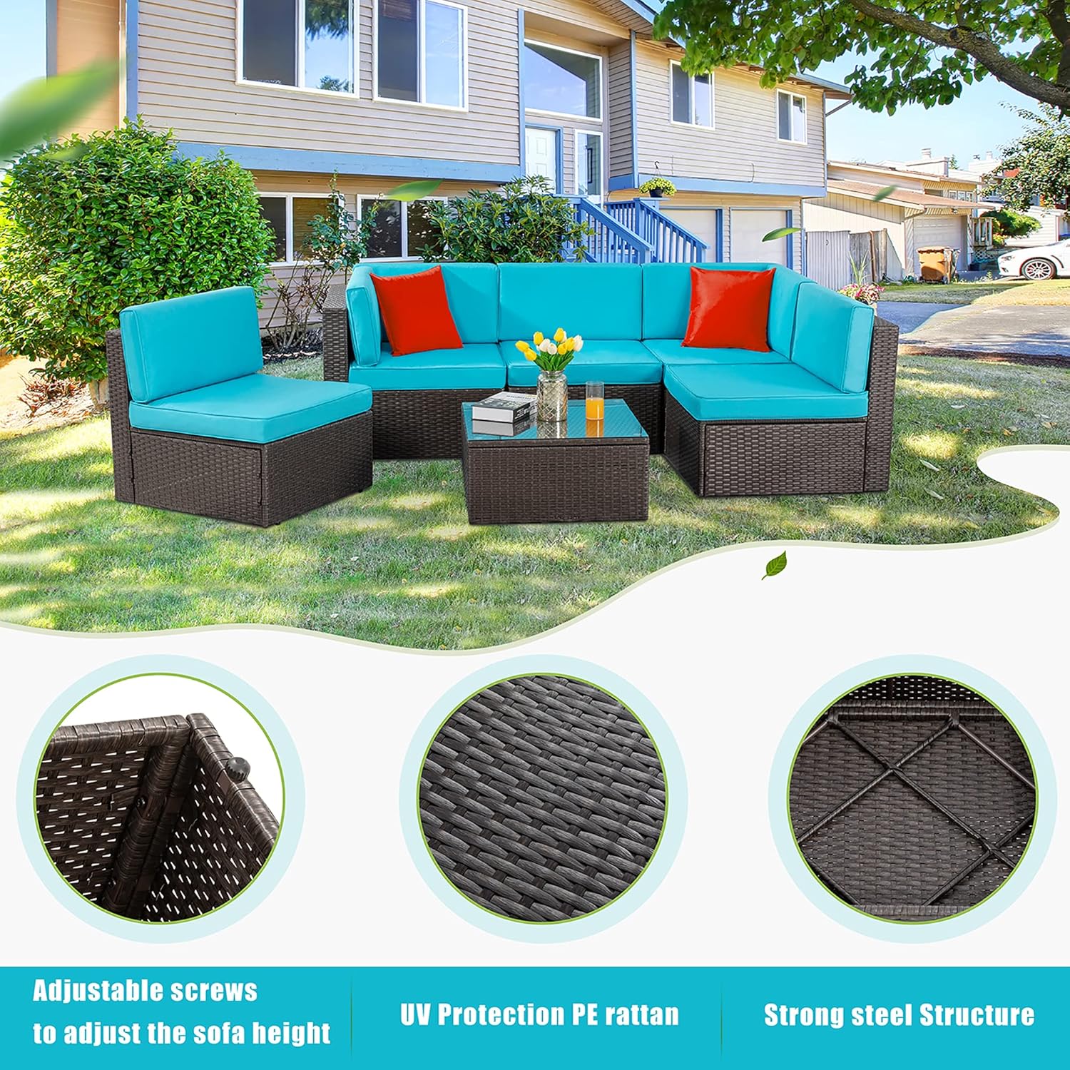 ZenVora 5-Piece All-Weather Patio Furniture Set with Ottoman, Outdoor Wicker Conversation Sofa Set with Cushions for Garden, Deck & Backyard