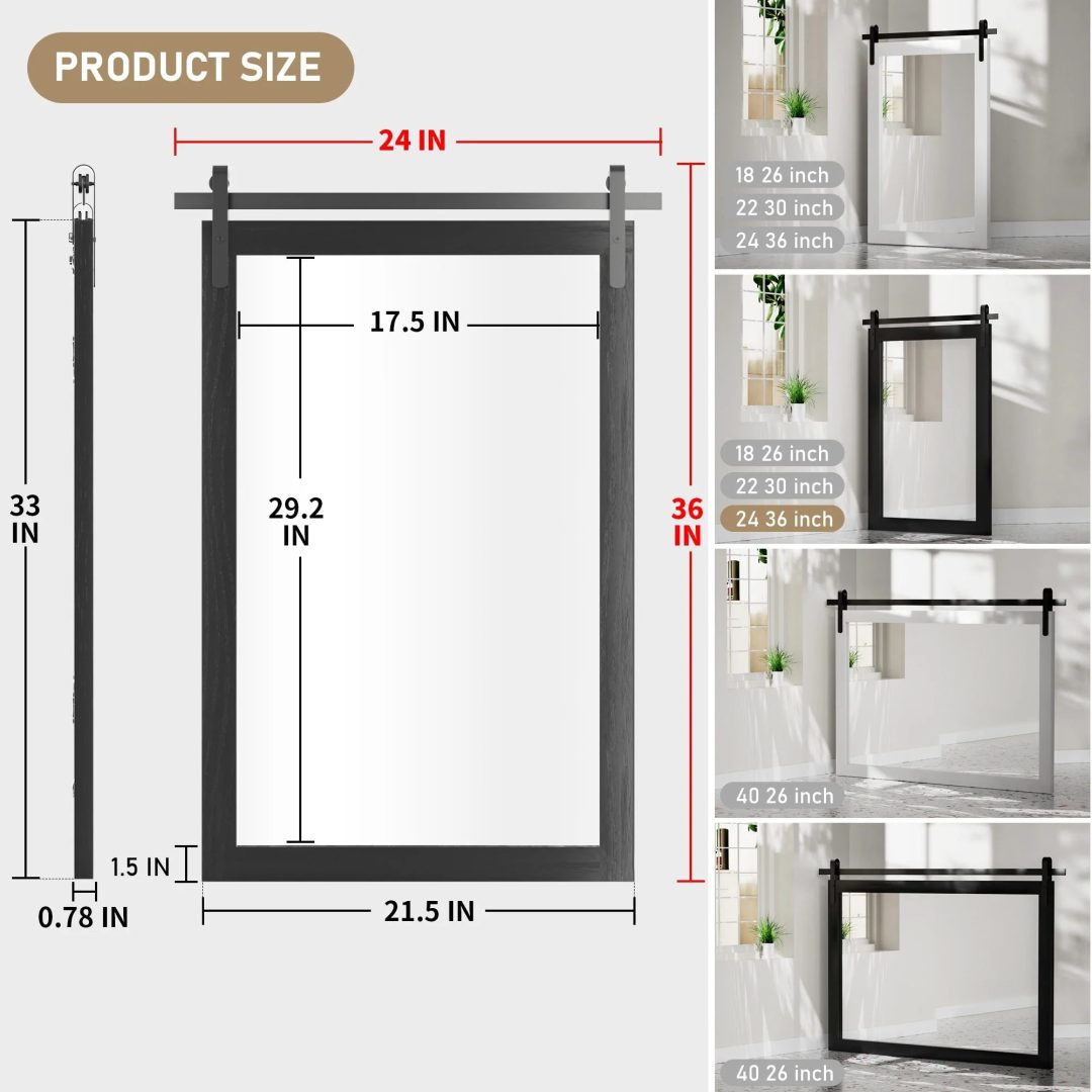 ZenVora Modern Rectangular Wall Mirror with Wood Frame, Bathroom and Barn Door Mirror, Multiple Sizes