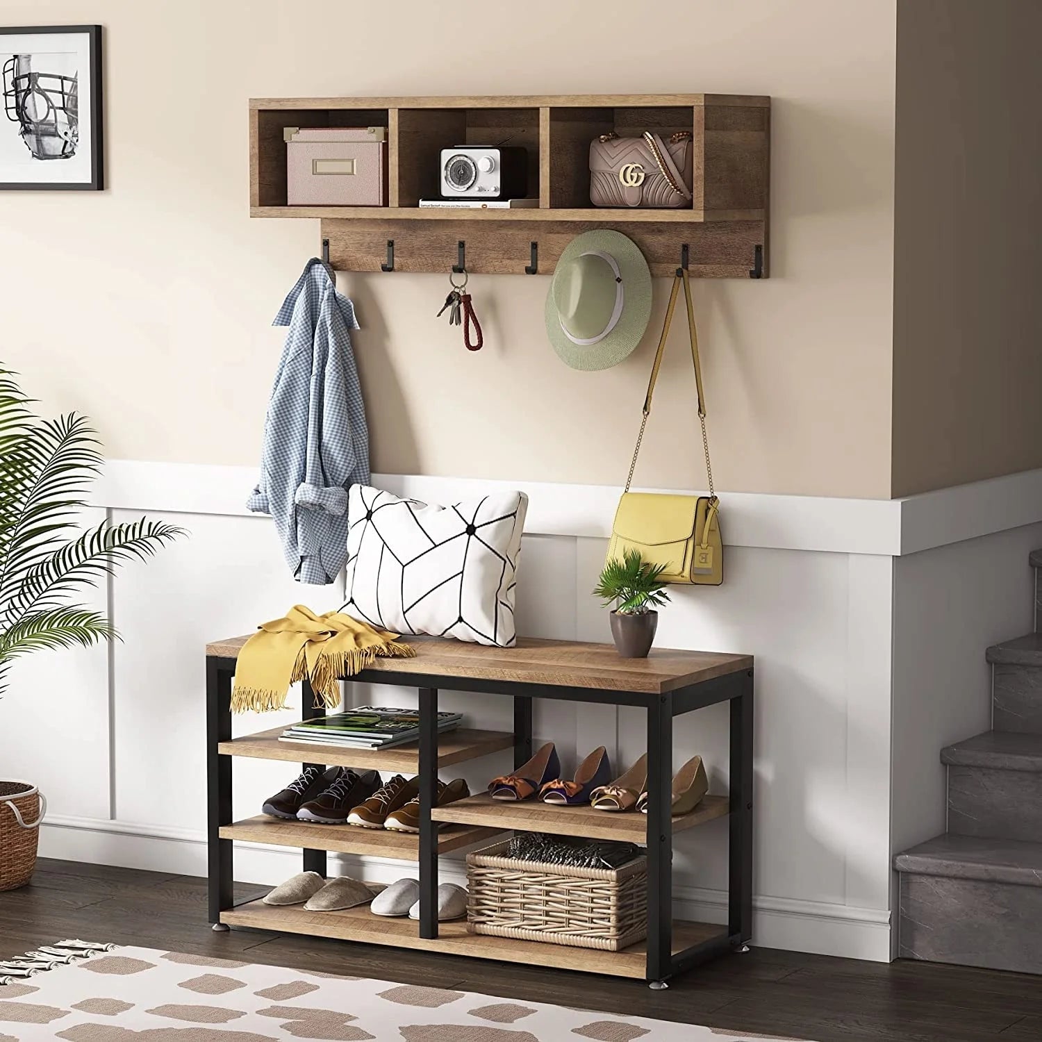 ZenVora Entryway Coat Rack and Shoe Bench Set, Industrial Hall Tree with Coat and Shoe Storage