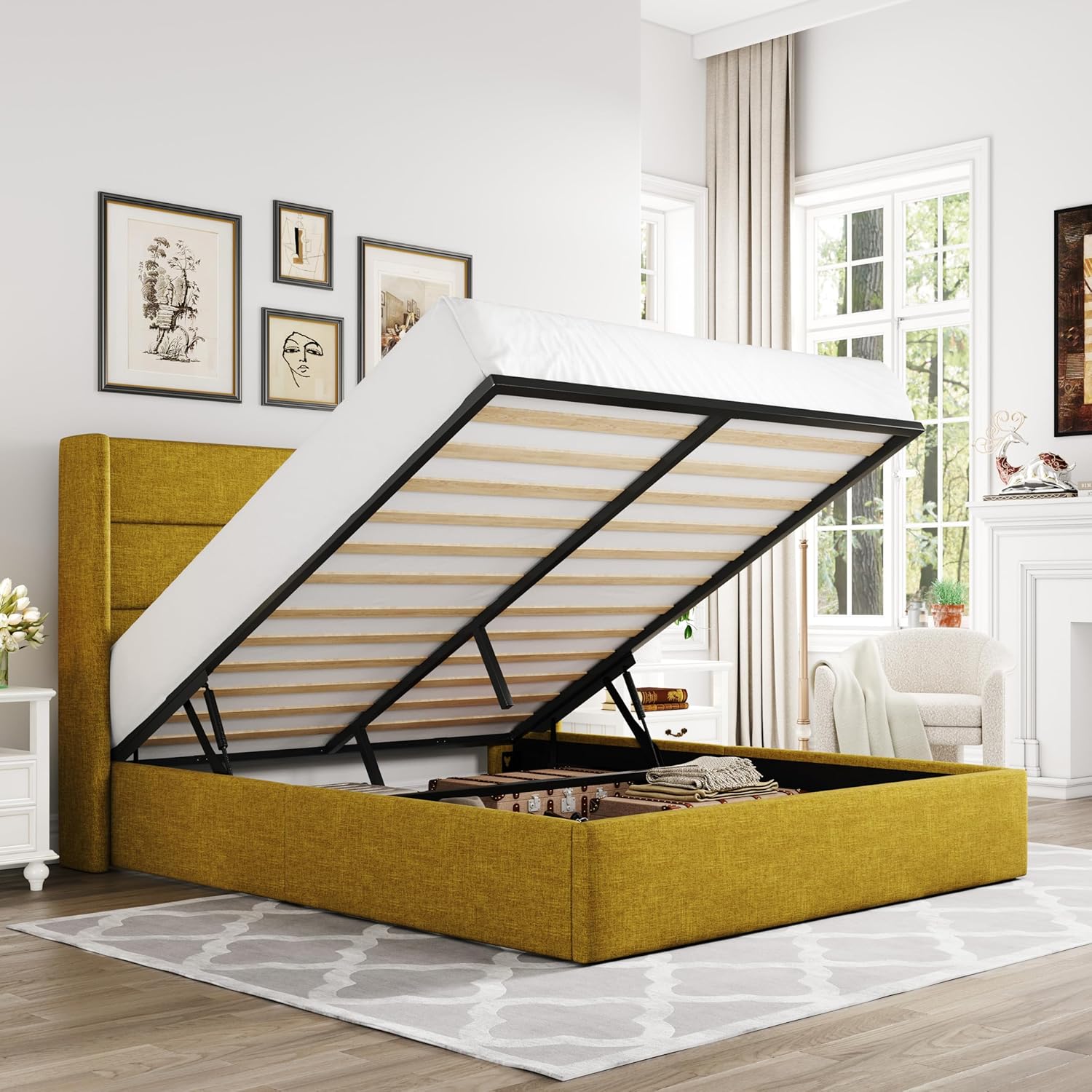 ZenVora Queen Size Lift Up Storage Bed with Wingback Headboard, Upholstered Platform Bed Frame with Hidden Storage