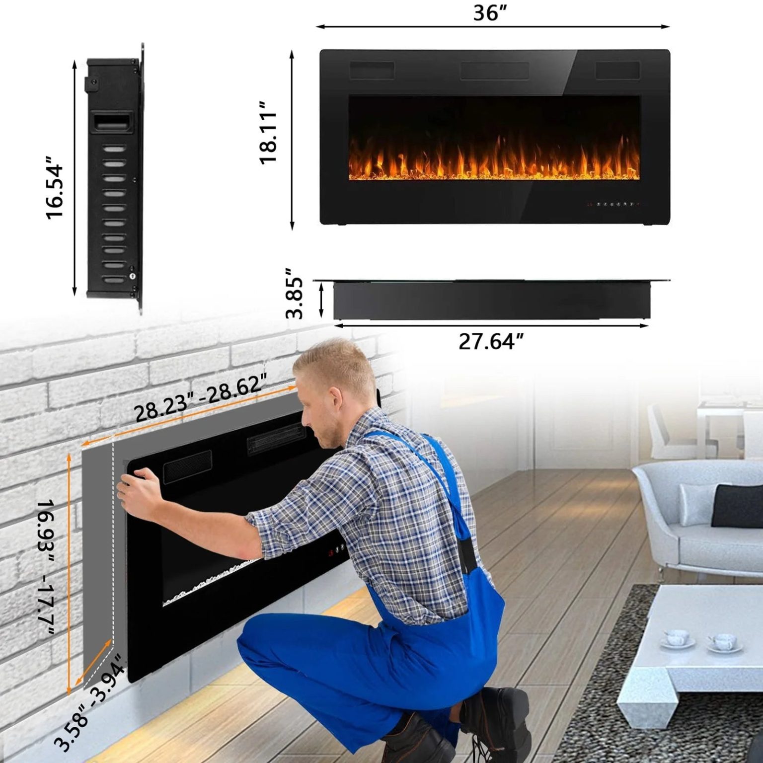 ZenVora 30-72 Inch Ultra-Thin Electric Fireplace, Linear Recessed Wall Mounted Fireplace with Remote Control