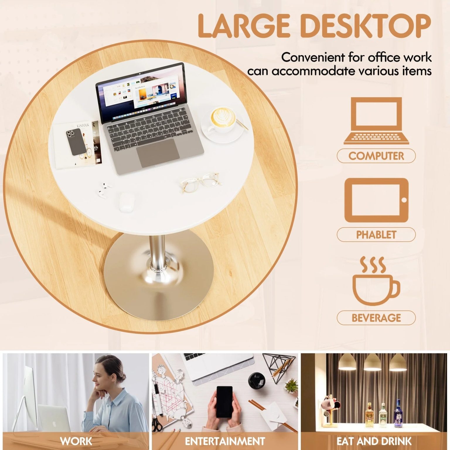 ZenVora Round Bistro Pub Table, Bar Height Cocktail Table with Metal Base and MDF Top, 23.8 Inch